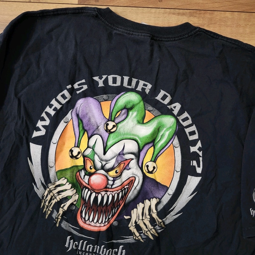 VTG Y2K Hellanbach Mens Evil Jester Who's Your Daddy Graphic T-Shirt Black 3XL - Picture 1 of 11